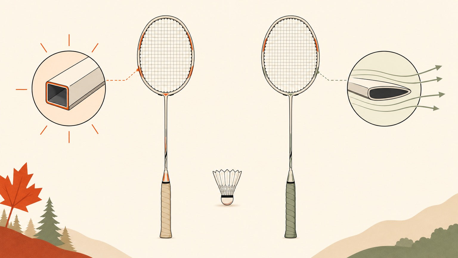 Two badminton rackets comparing a stable box frame profile with a streamlined aero frame profile
