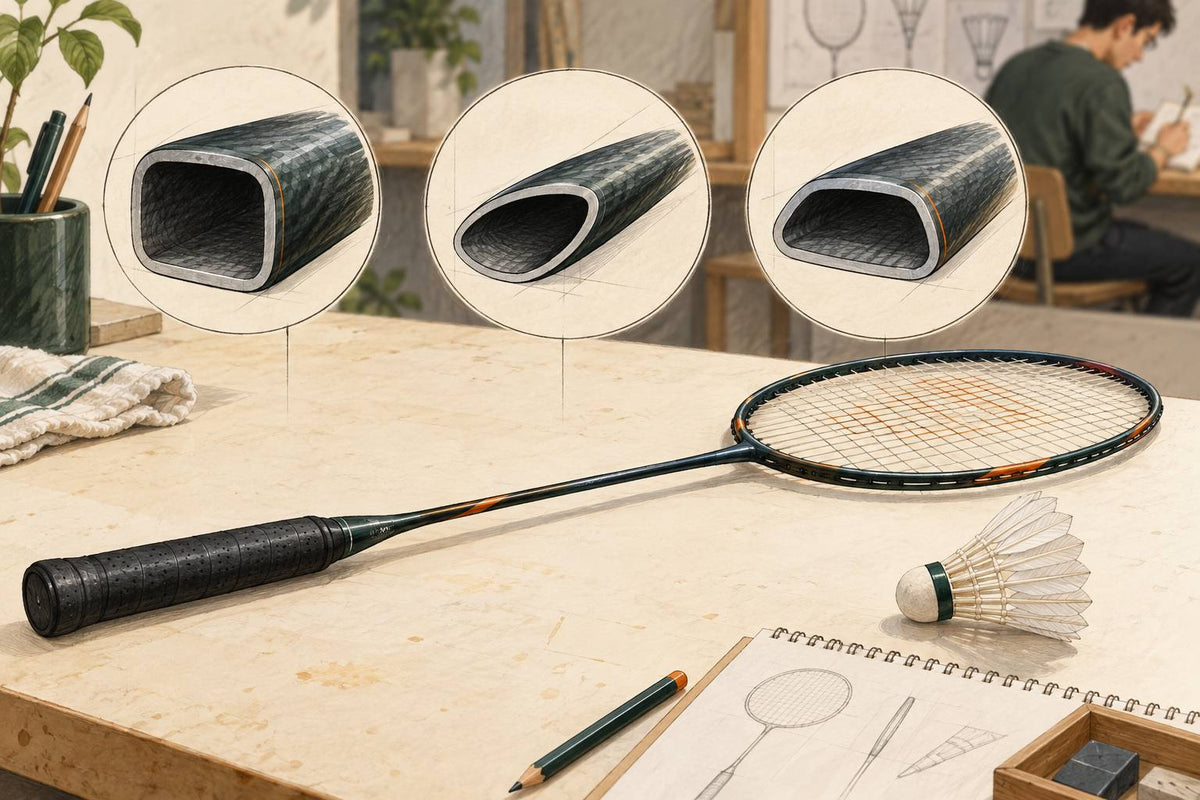 Editorial racket beside generic box, aero and hybrid frame cross-sections.