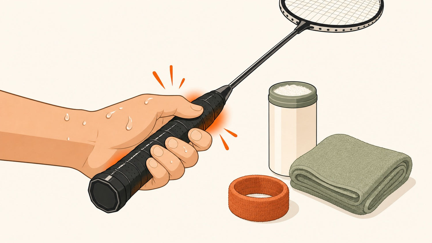 Sweaty hand holding a badminton racket grip with powder, towel, and wristband nearby