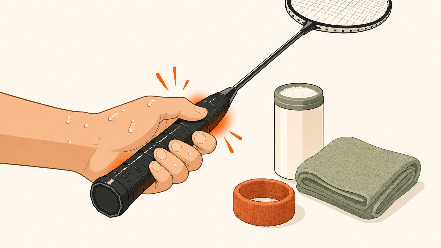 Sweaty hand holding a badminton racket grip with powder, towel, and wristband nearby