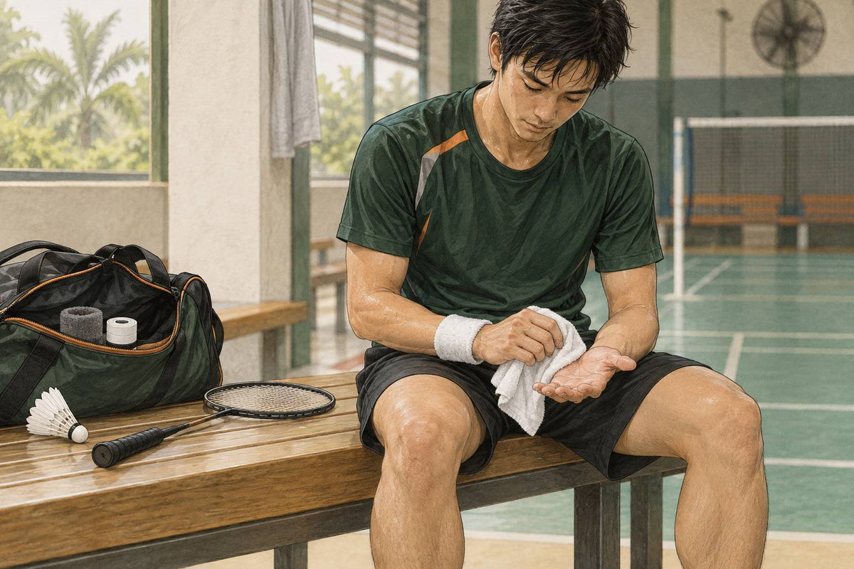 Editorial seated player drying the right palm with a towel held in the left hand.