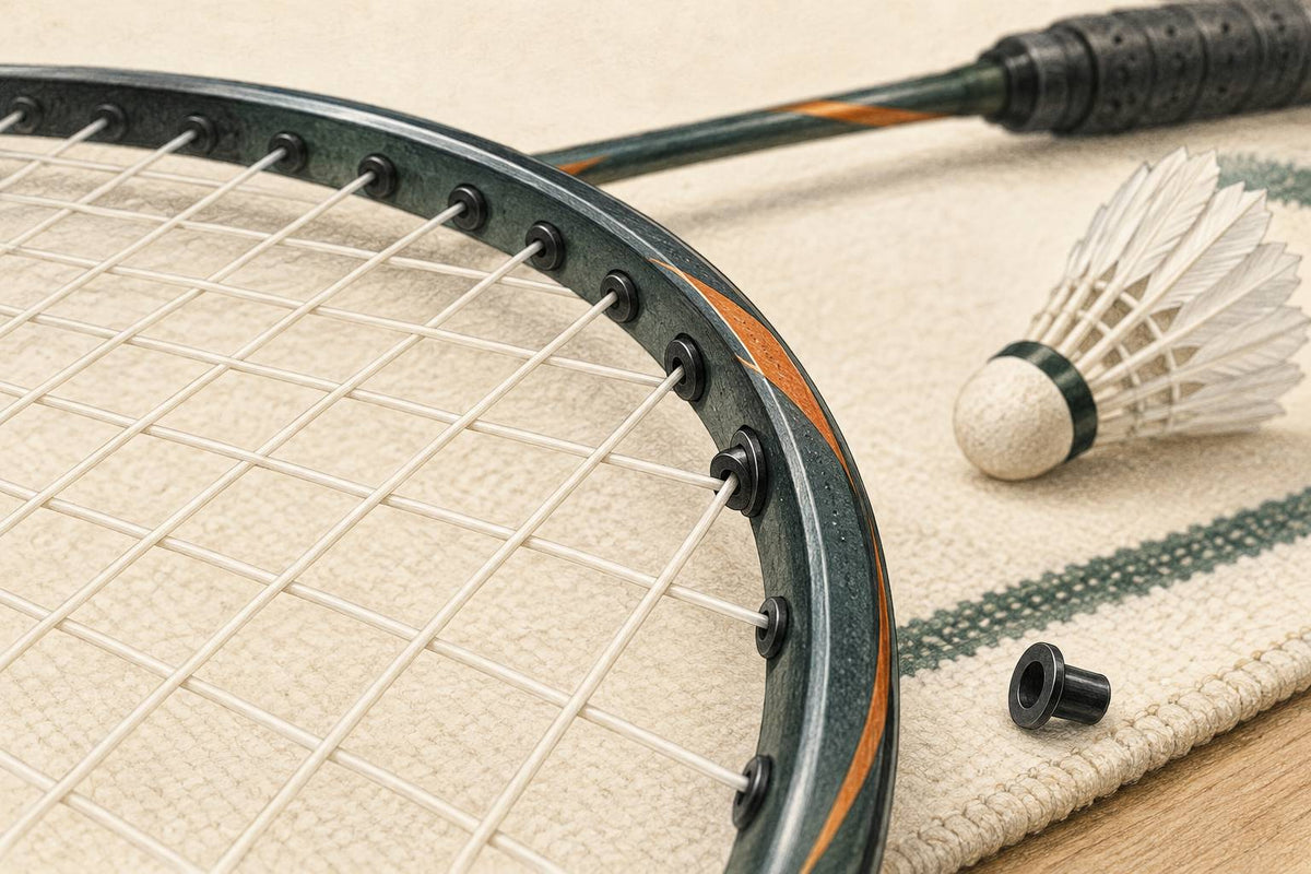 Editorial close-up of badminton racket grommets and one replacement eyelet.