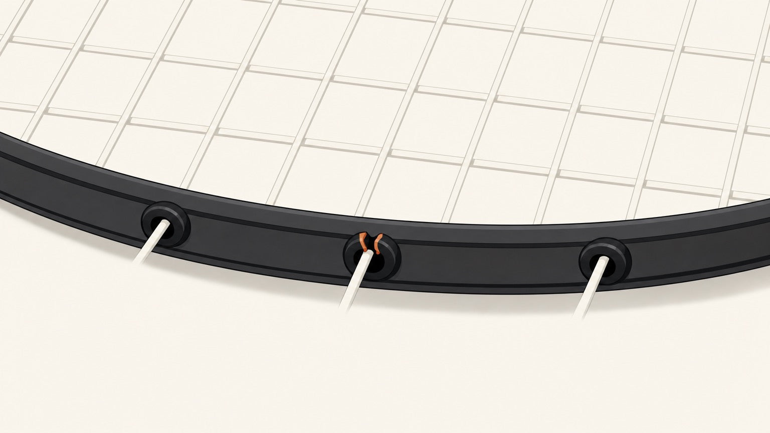 Macro illustration of a badminton frame edge with one split black grommet between two intact grommets.