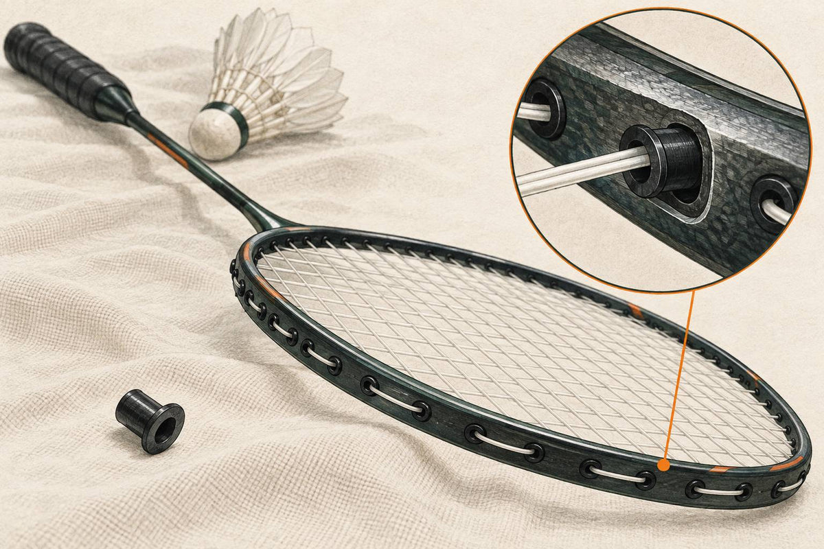 Editorial racket-frame detail with a string passing through a grommet.