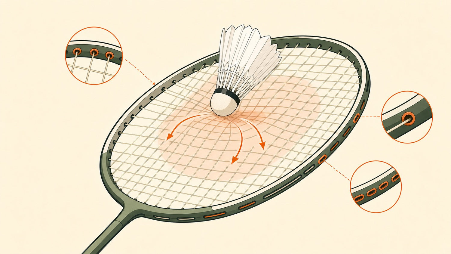 Vector illustration of a badminton racket string bed with enlarged grommets and a highlighted sweet spot zone