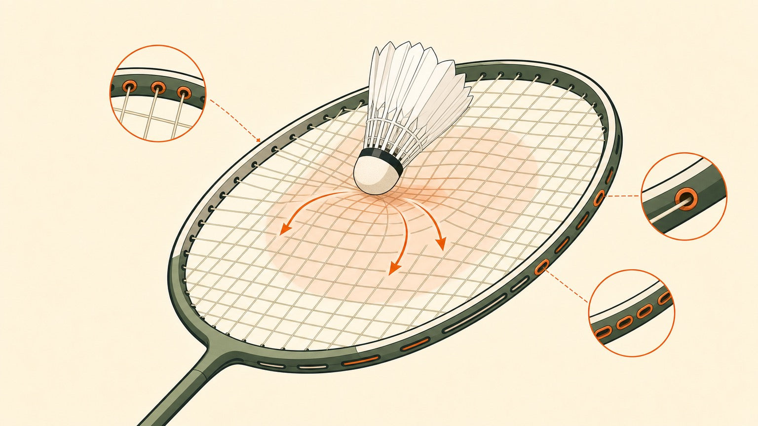 Vector illustration of a badminton racket string bed with enlarged grommets and a highlighted sweet spot zone