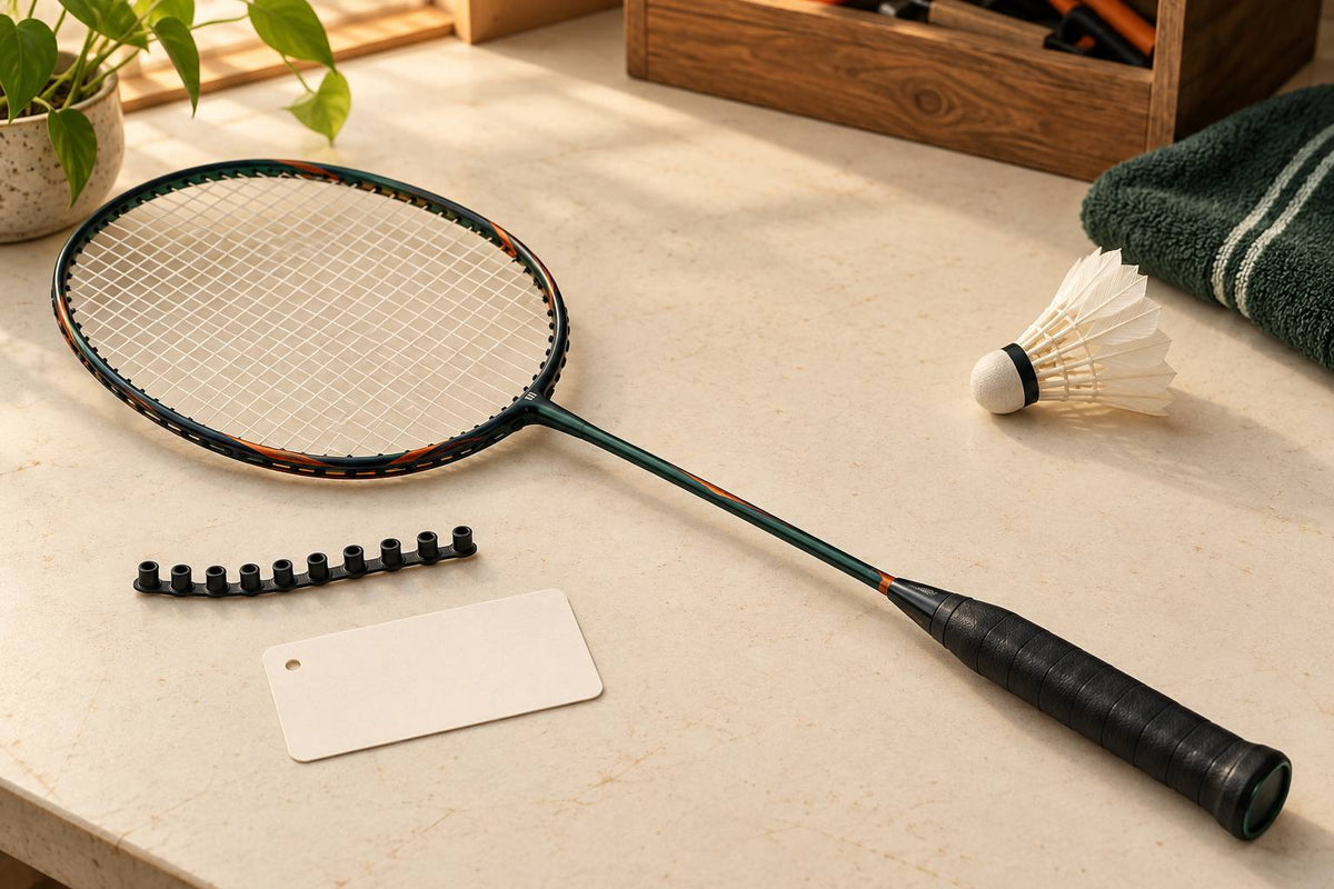 A racket frame and separate grommet pieces introduce a frame-specific stringing question.