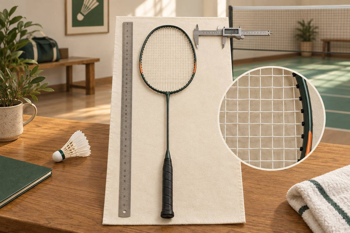 A ruler and caliper illustrate checking overall racket size and the stringed area.