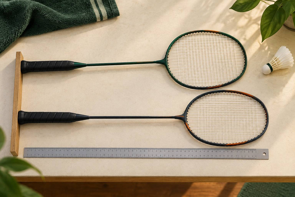 Two complete rackets aligned at their butt caps show how overall length can be compared without bending the frame.