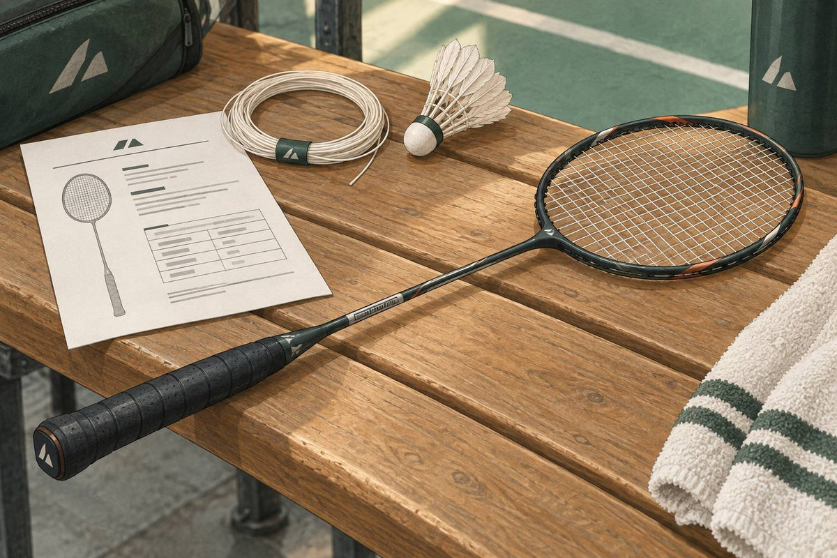 Editorial racket, string coil and manufacturer-specification concept.