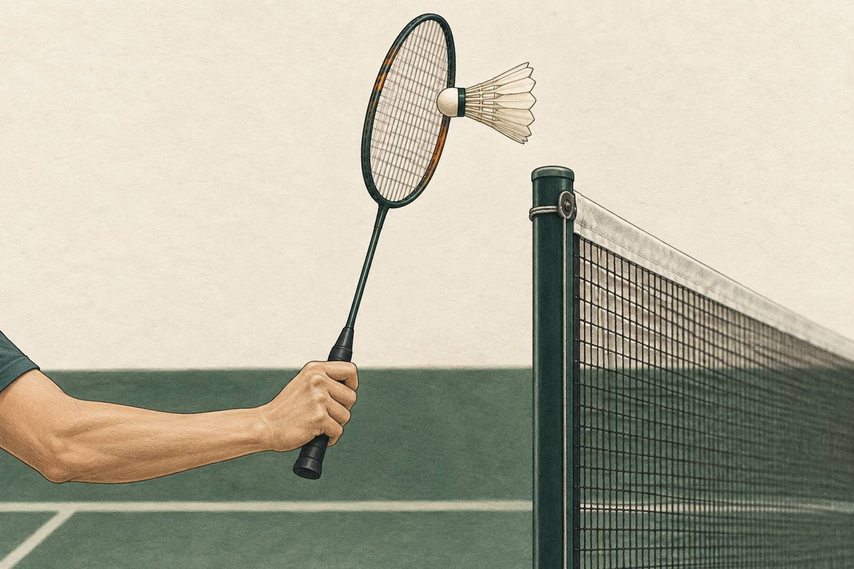 Editorial close-up of a racket contacting the shuttle on the striker’s side of the net.