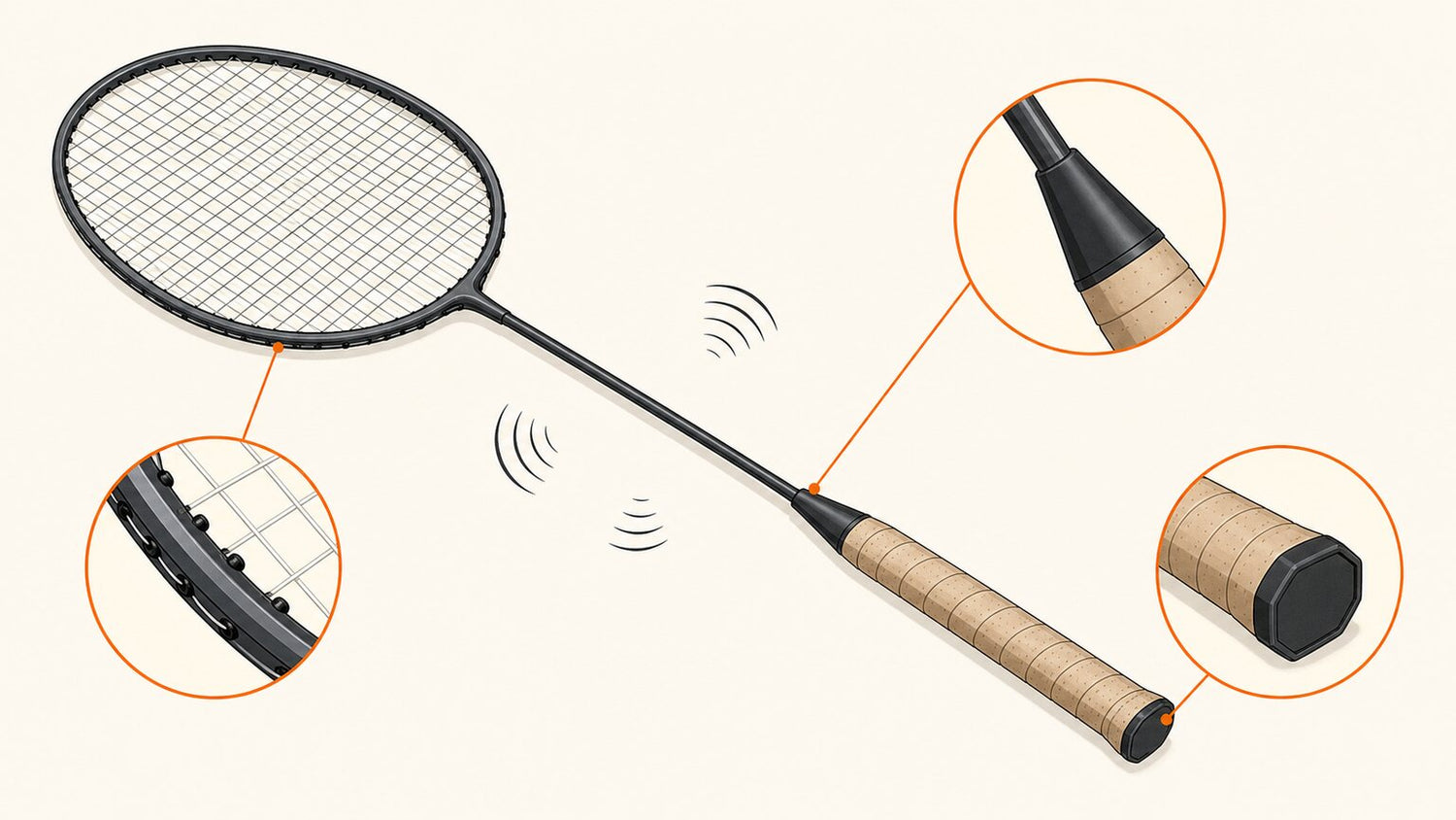 Complete badminton racket with vibration marks and magnified checks of the butt cap, cone, and frame grommets