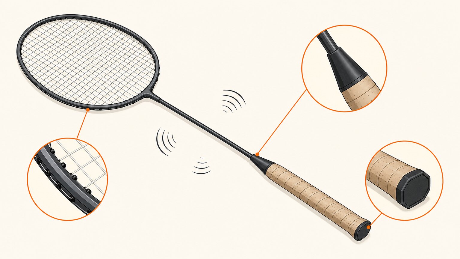 Complete badminton racket with vibration marks and magnified checks of the butt cap, cone, and frame grommets