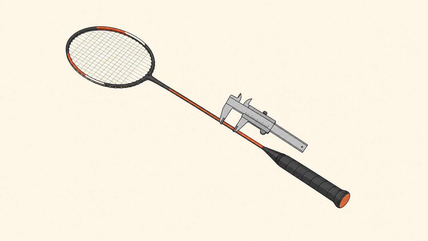 Flat vector illustration of a badminton racket with a calliper resting around its slim shaft.