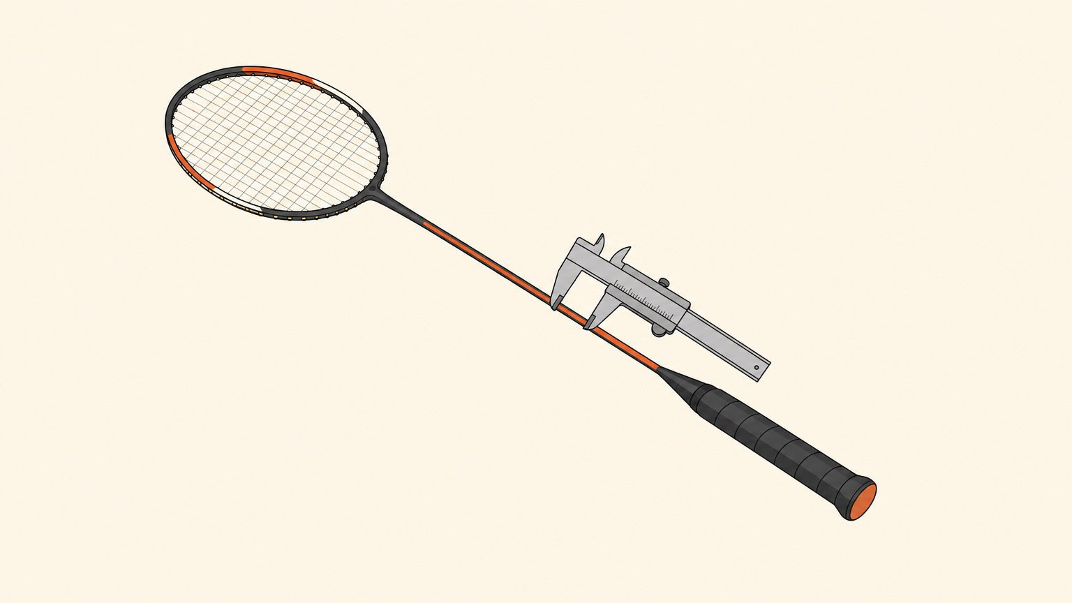 Flat vector illustration of a badminton racket with a calliper resting around its slim shaft.