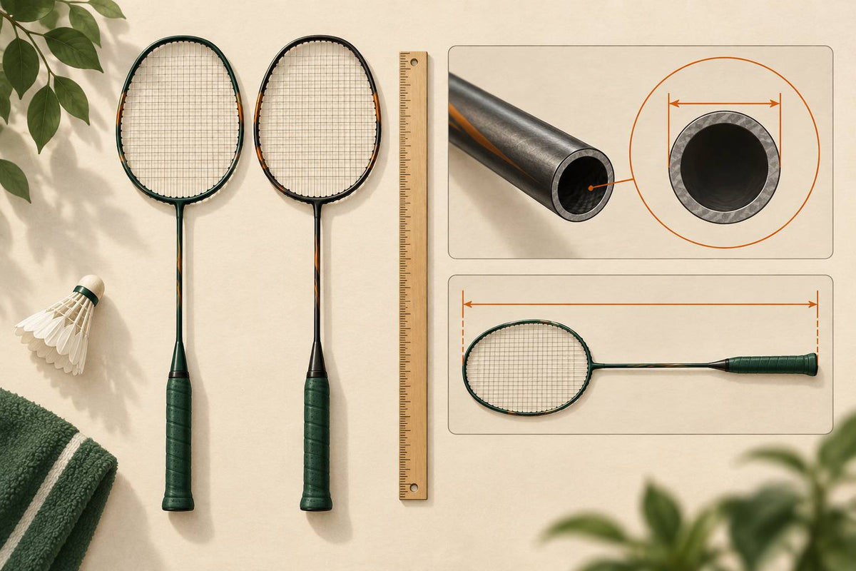 A ruler, a shaft close-up and two neutral frames introduce diameter and overall length as separate specifications.