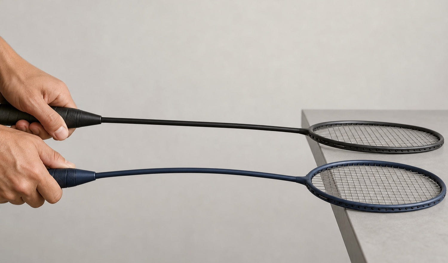 Deux mains tiennent deux raquettes de badminton dont les têtes reposent sur le bord d’une table; une tige se plie nettement plus que l’autre dans une comparaison côte à côte de la rigidité.