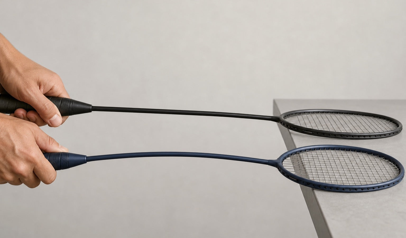 Deux mains tiennent deux raquettes de badminton dont les têtes reposent sur le bord d’une table; une tige se plie nettement plus que l’autre dans une comparaison côte à côte de la rigidité.