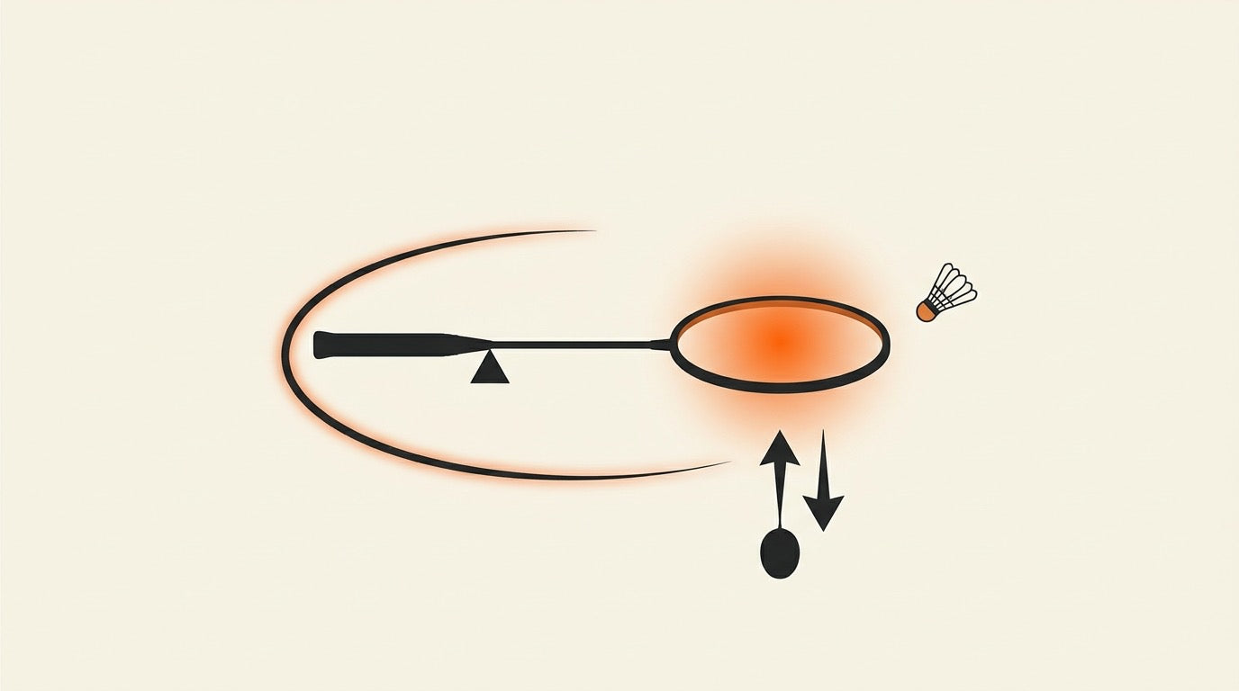 Illustration of two badminton rackets being compared for swing feel on a warm indoor court
