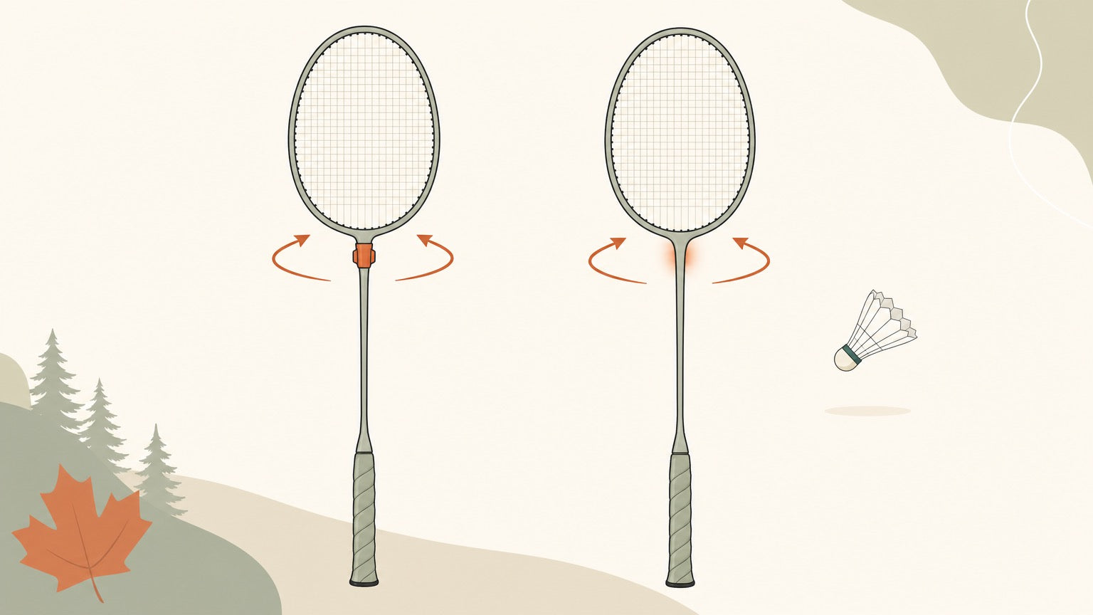 Two badminton racket frame constructions compared, with an external T-joint and a smooth one-piece built-in joint highlighted.