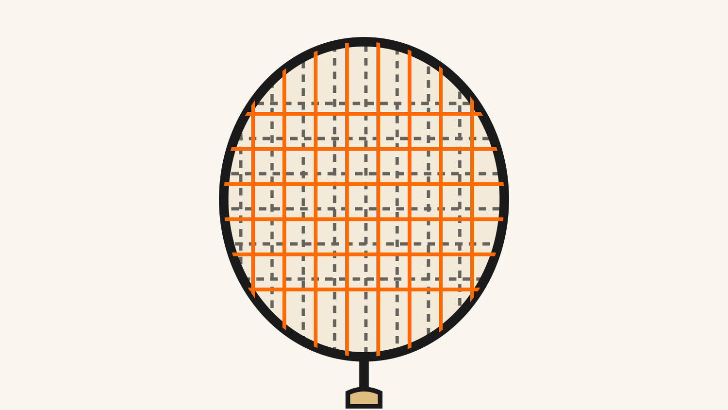 Modèle délimité du plan de cordage d’une raquette de badminton, avec une grille de référence en tirets derrière une grille orange déplacée.