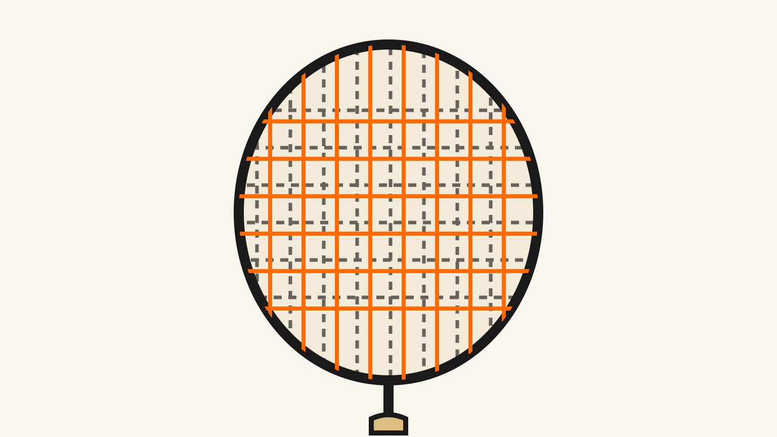 Modèle délimité du plan de cordage d’une raquette de badminton, avec une grille de référence en tirets derrière une grille orange déplacée.