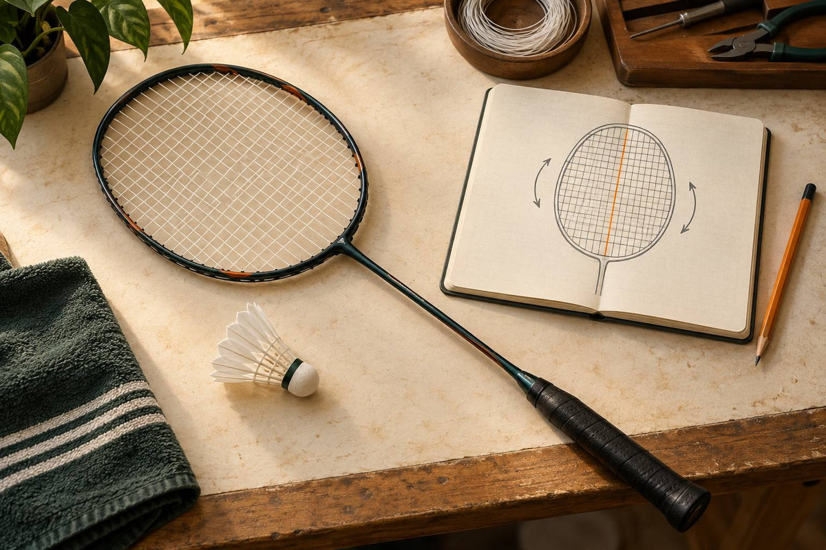A racket and a separate string-plane sketch distinguish an equipment question from a modelled property.