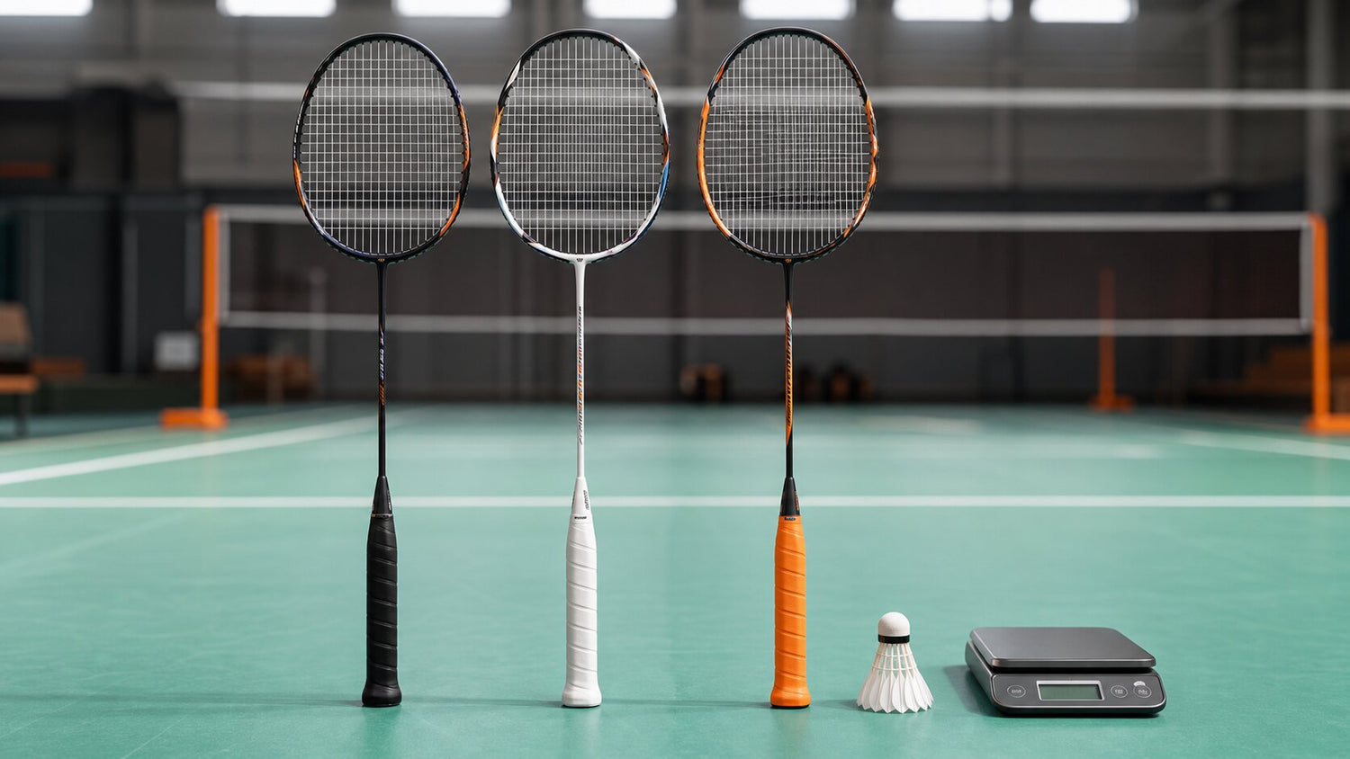3U, 4U, and 5U badminton rackets arranged with a shuttlecock on an indoor court.
