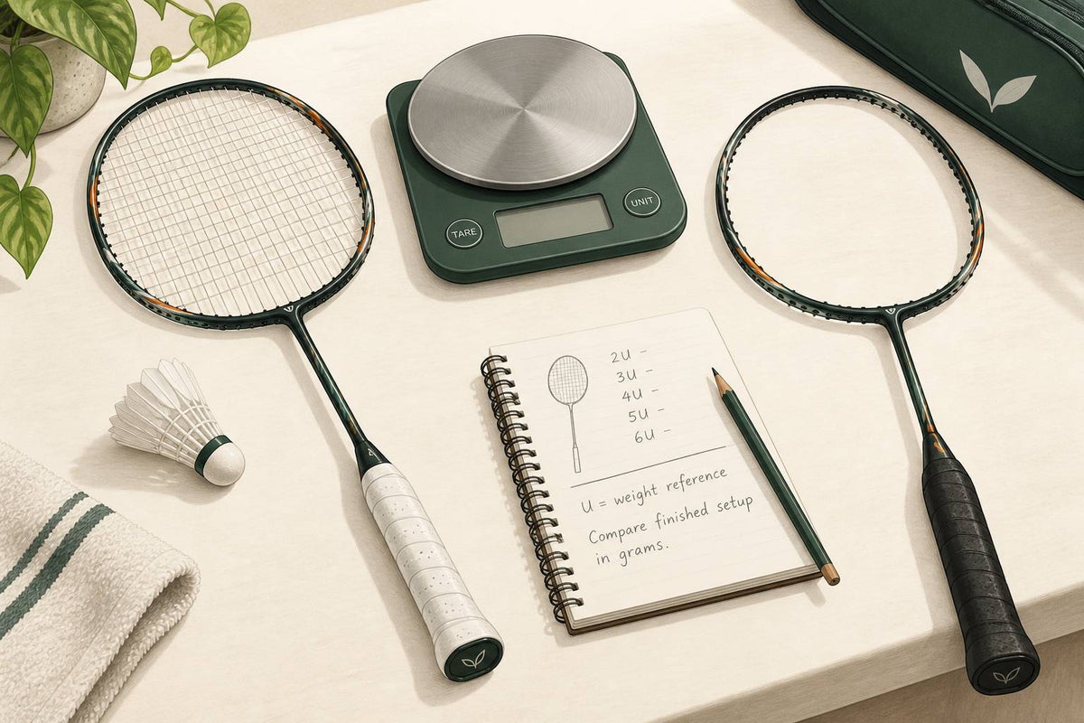 Editorial racket weight comparison using a scale without an invented reading.