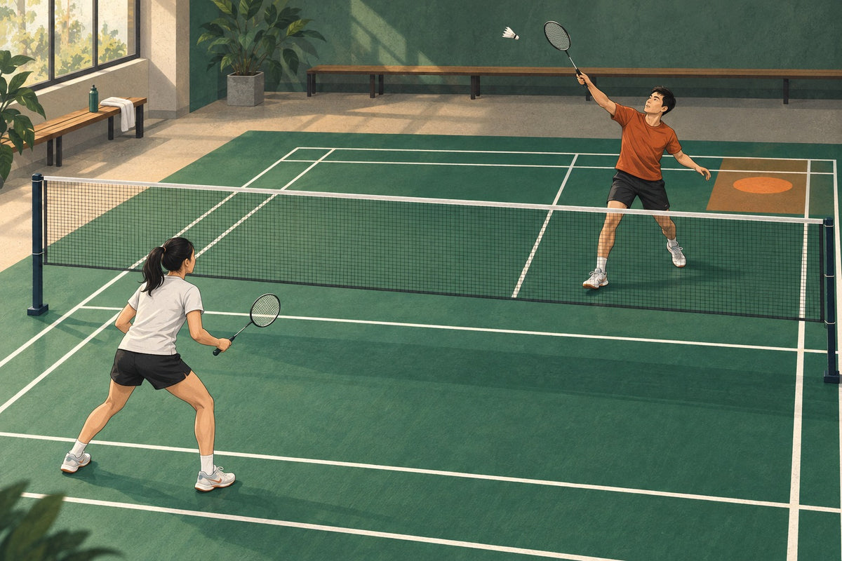 Editorial illustration of two badminton partners exchanging controlled shots in one straight court lane.