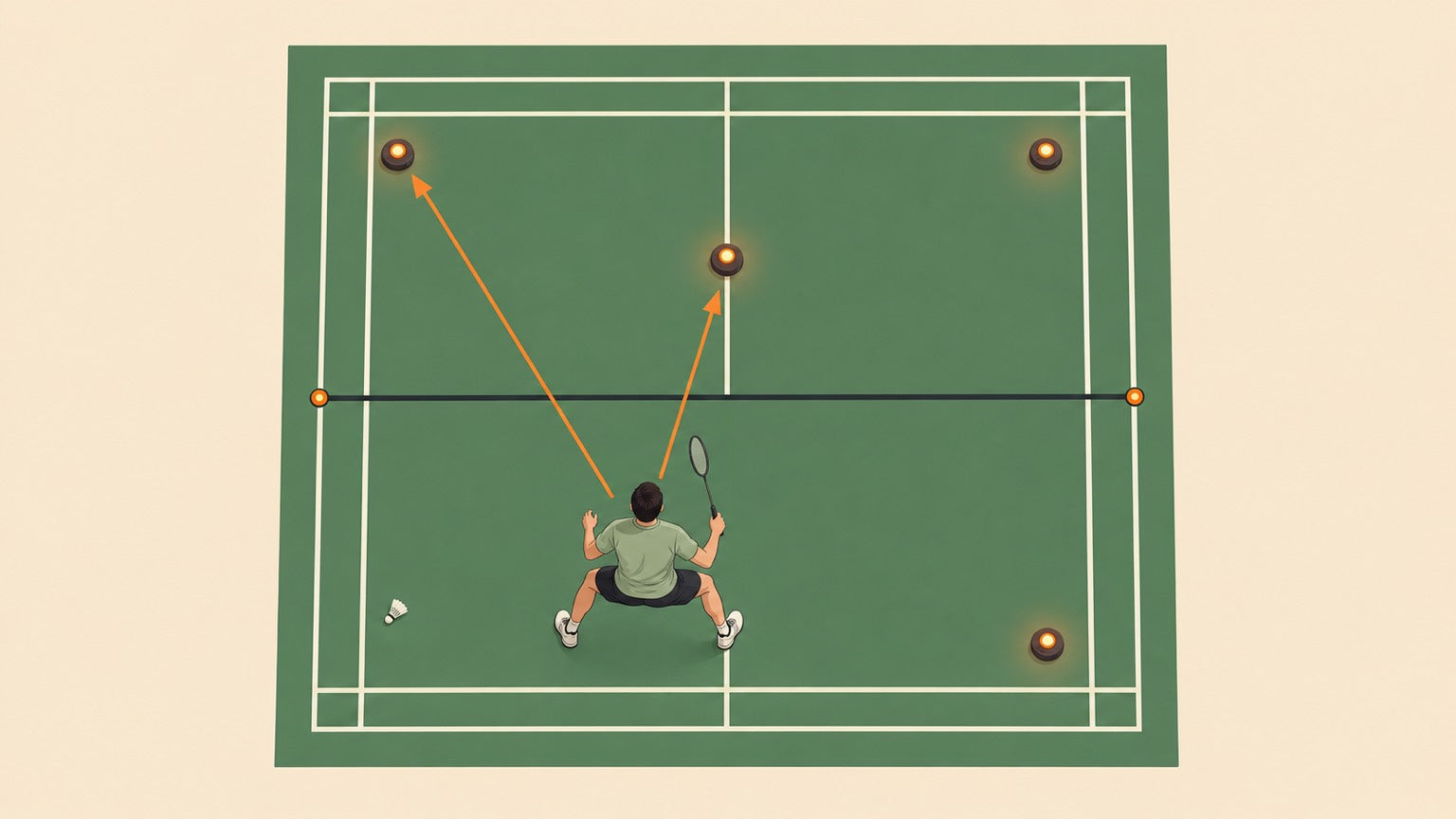 Badminton player training footwork with glowing reaction light pods on a badminton court