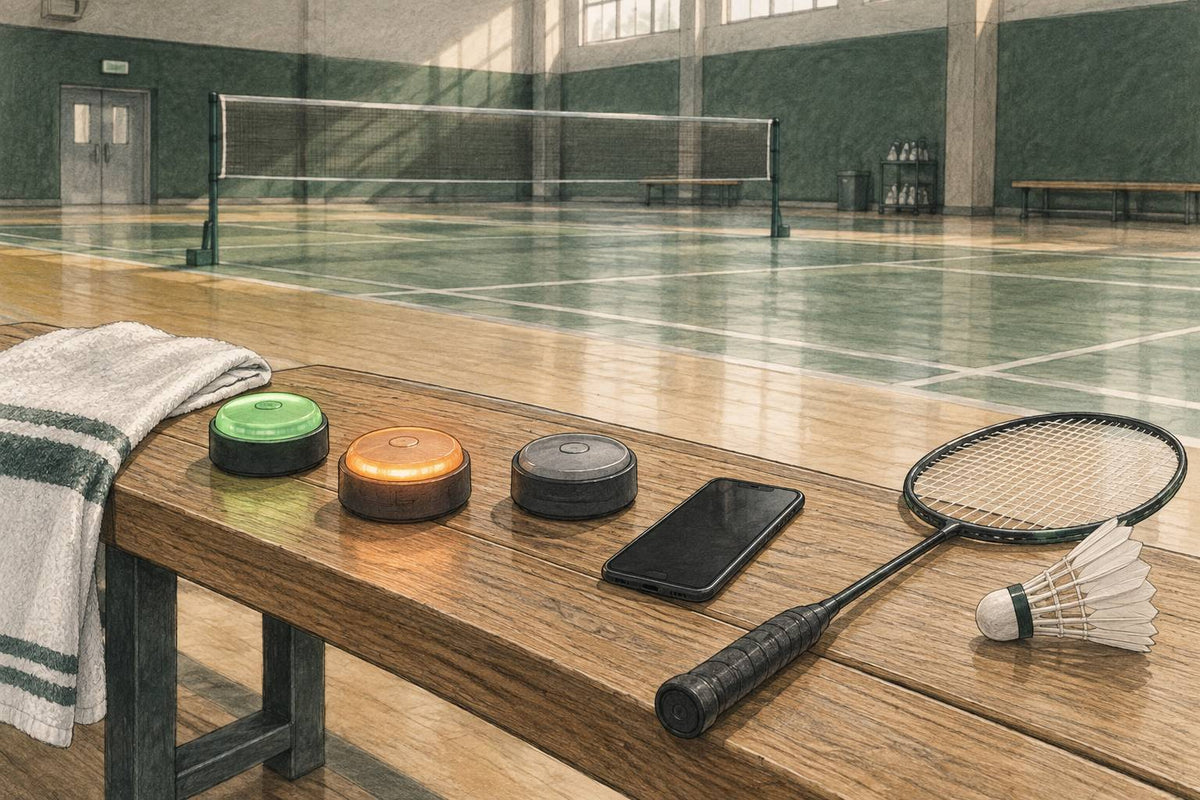 Editorial reaction-light pods, blank phone and badminton racket on a bench.