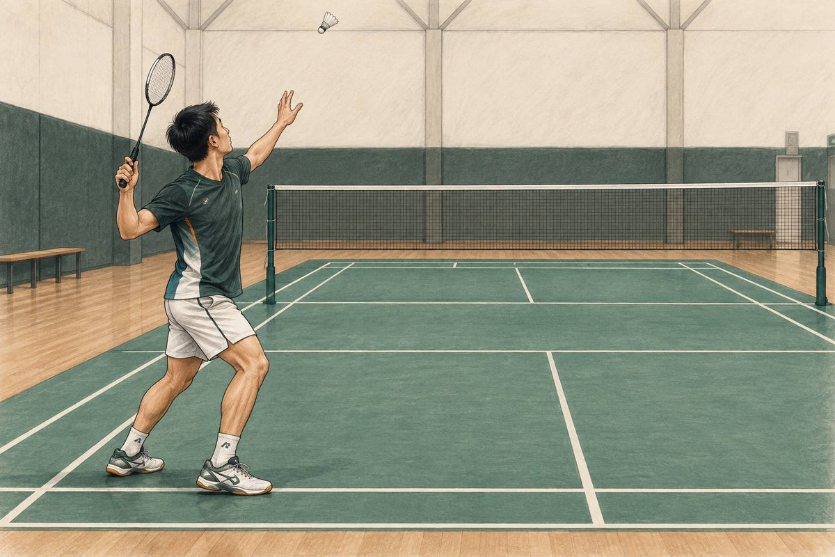 Editorial illustration of balanced right-handed overhead preparation in the rear court.