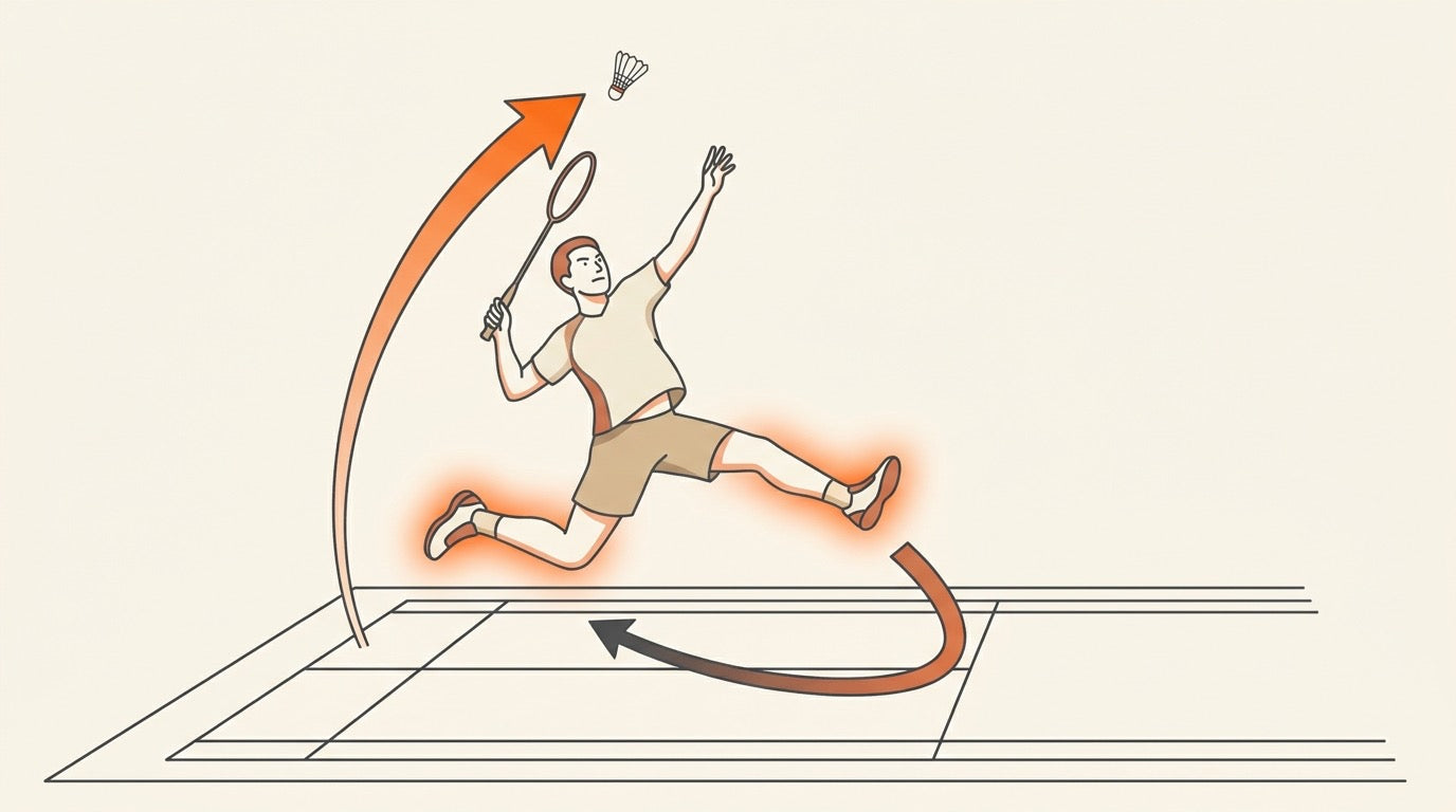 Badminton player performing a rear-court scissor jump for an overhead shot on an indoor court