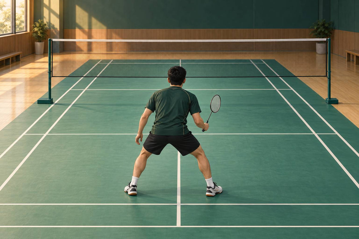 A defender starts from a compact ready base with the racket in front and space for a short side movement.