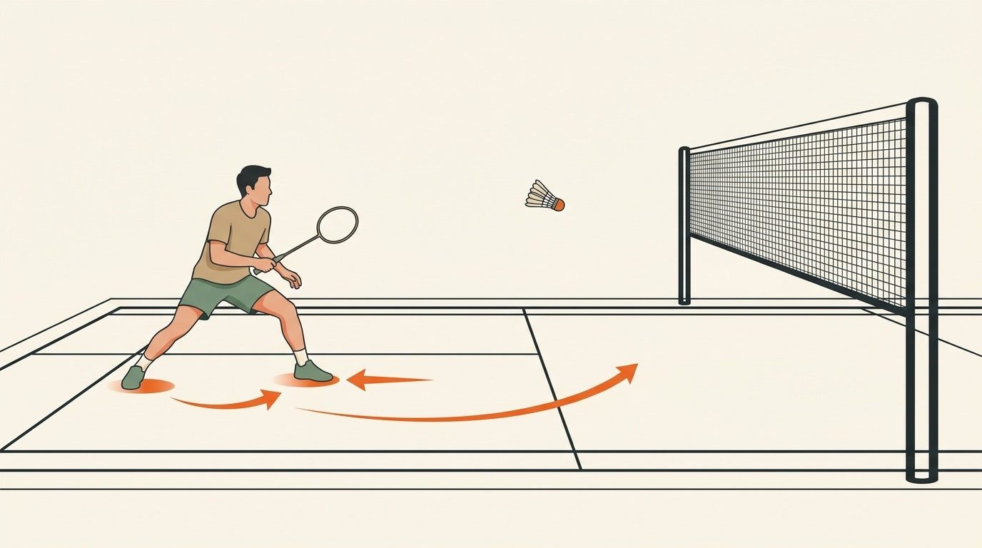 Illustration d’une personne qui joue au badminton utilisant des déplacements bas en réception et revenant vers une position équilibrée sur un terrain intérieur