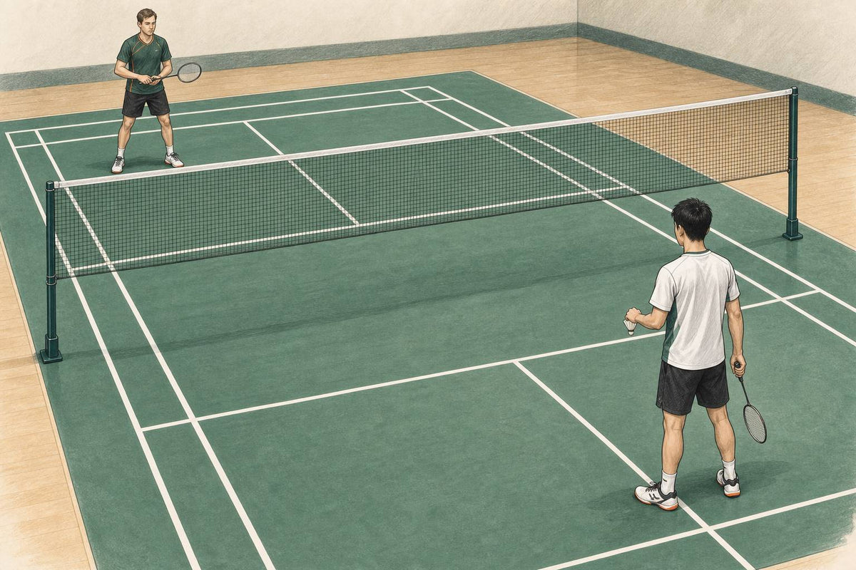 Editorial illustration of a badminton server waiting for the intended receiver.