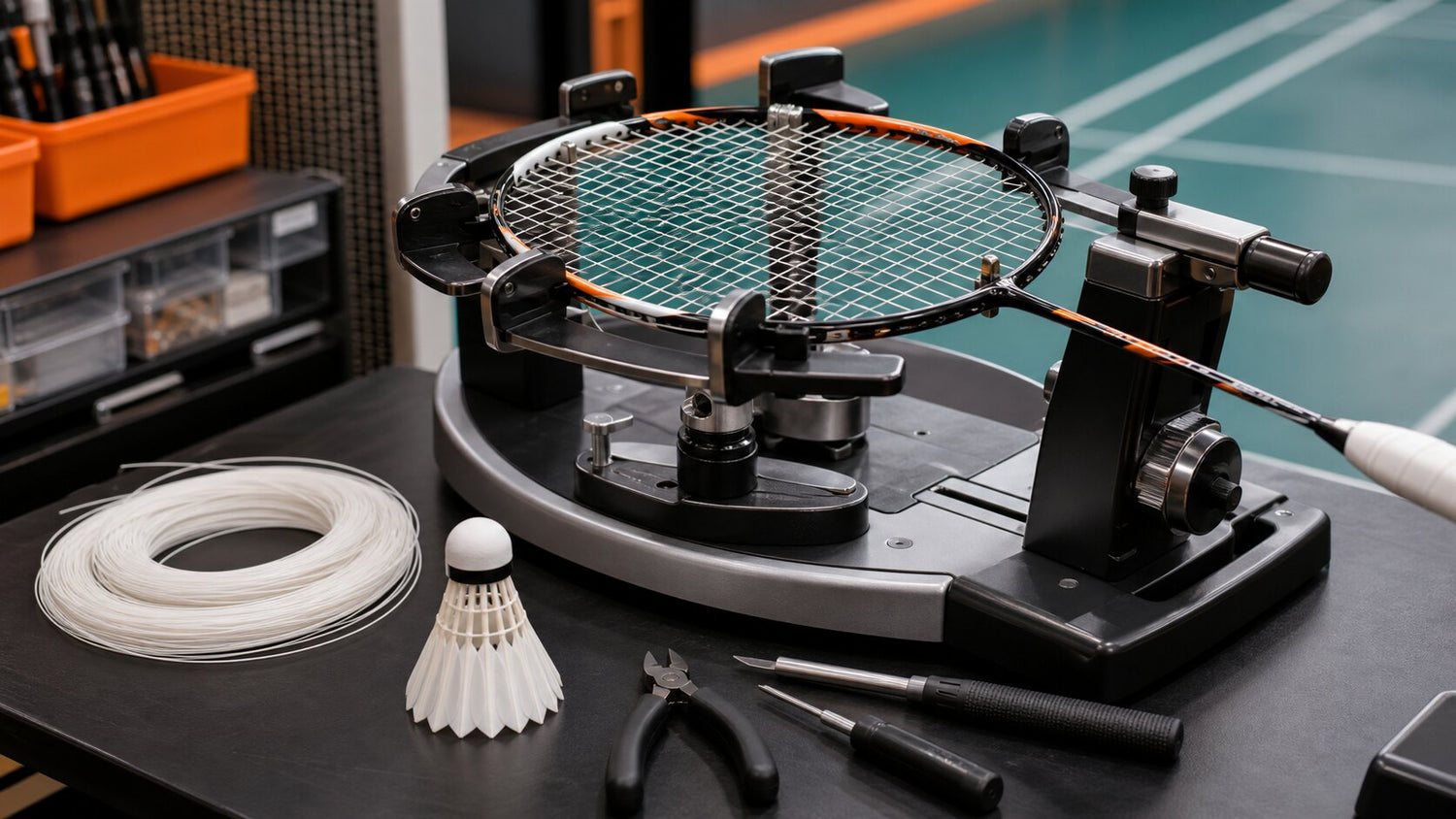 Badminton racket on a stringing machine with fresh strings and a shuttlecock nearby.