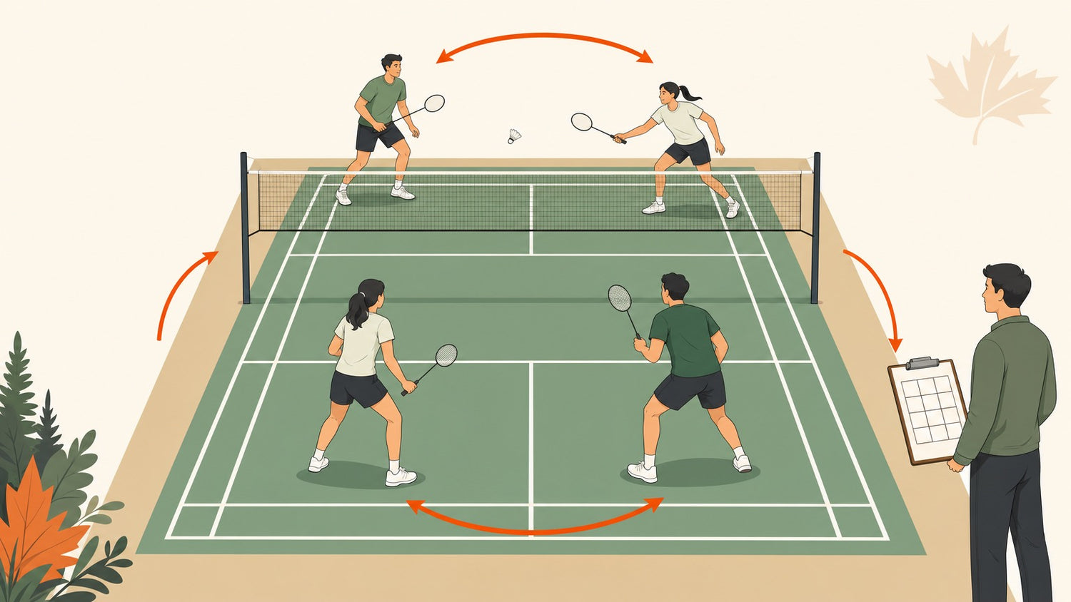 Organizer beside a badminton doubles court with rotating-player arrows for a round robin event