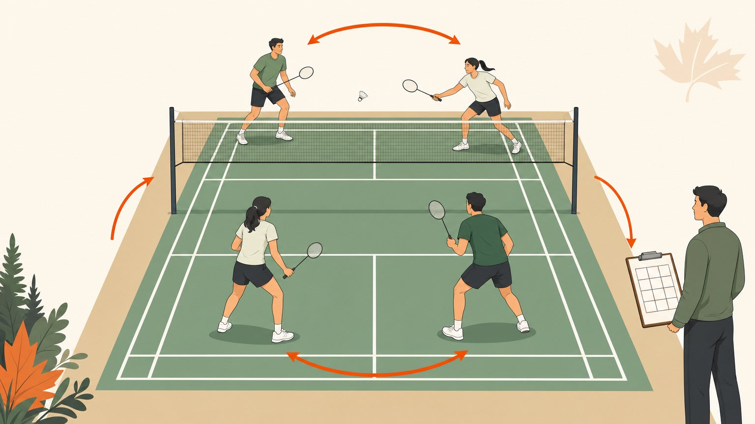 Organizer beside a badminton doubles court with rotating-player arrows for a round robin event