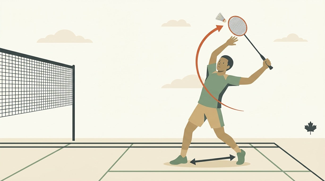 Illustration of a badminton player preparing a round-the-head forehand shot from the rear backhand corner