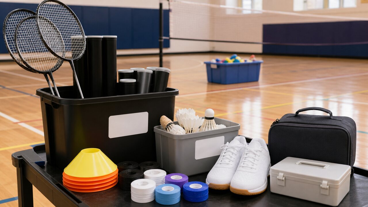 School gym badminton equipment cart with rackets, shuttlecocks, shoes, cones, grips, and storage bins ready for team practice.