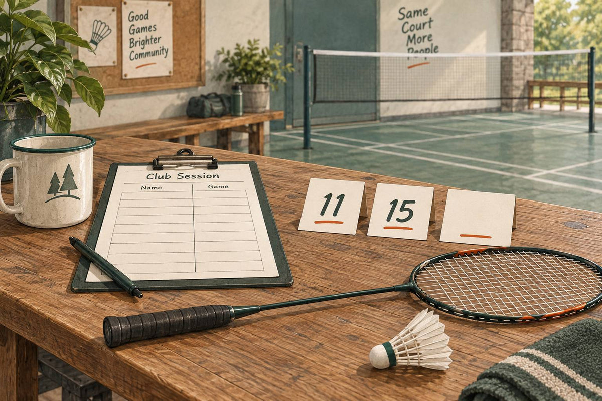 Nature morte illustrée de cartes d’objectifs de 11 et 15 points près d’une fiche de séance de badminton.