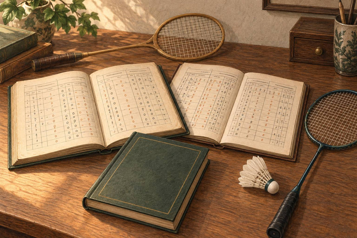Nature morte composée de documents génériques sur le badminton, d’un livre de règlements et de raquettes de différentes époques.