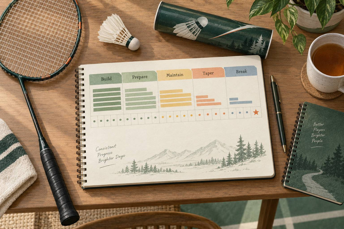Un calendrier de saison répartit la préparation, le maintien, l’affûtage et une pause autour d’un événement cible.