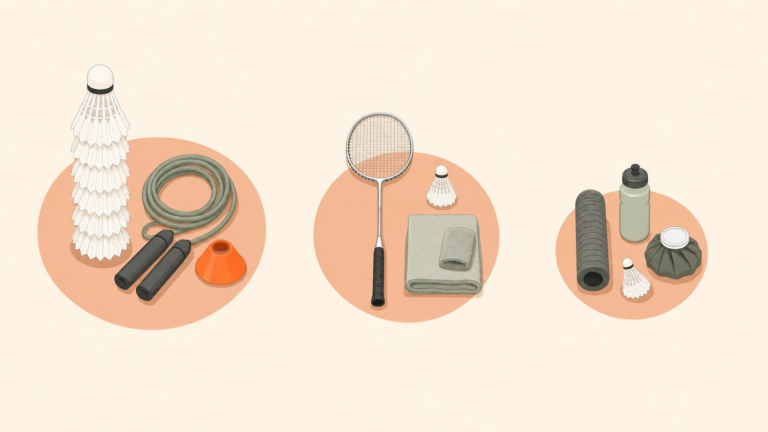 Overhead flat-lay of three badminton training kit groupings on a cream background: shuttle stack with skipping rope, a single badminton racket with shuttle and towel, and a foam roller with bottle and ice pack.