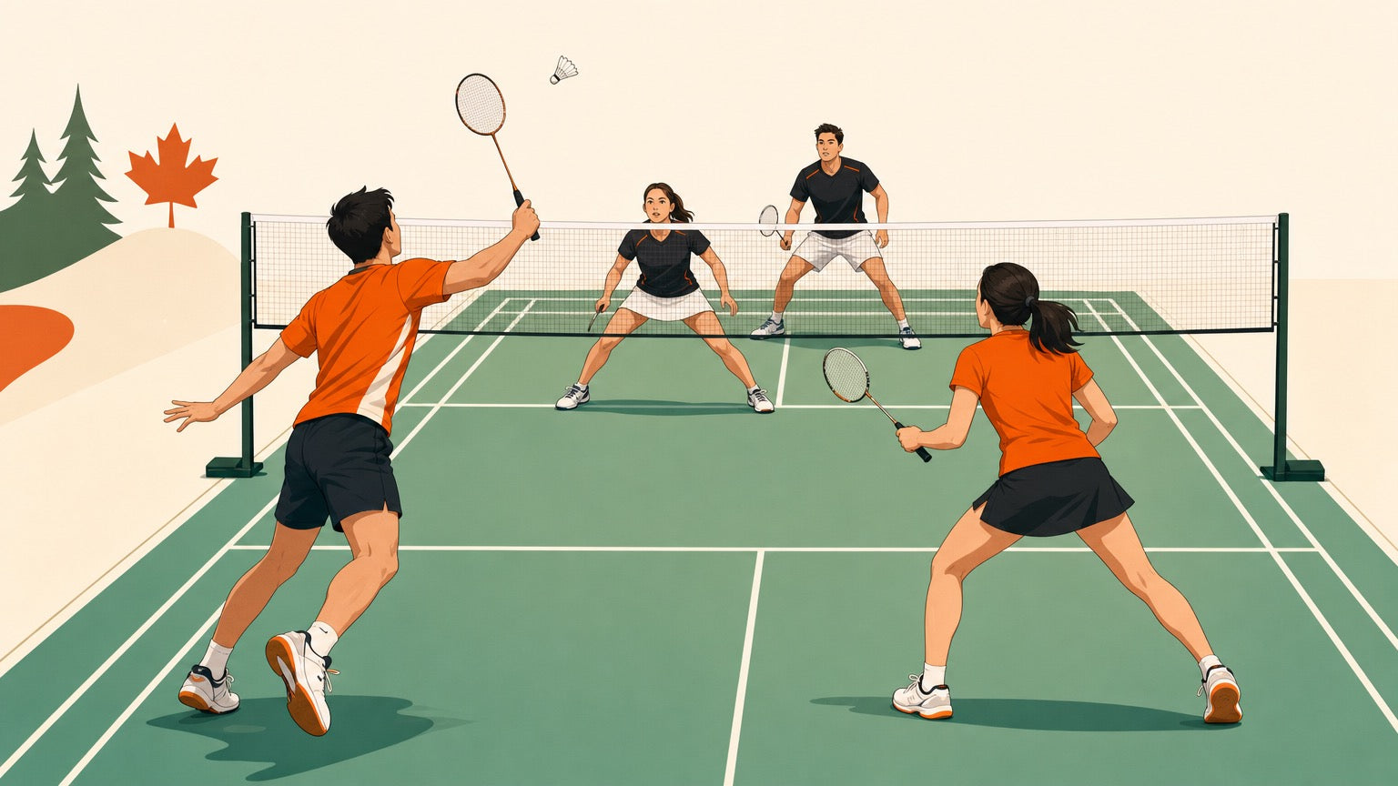 Four badminton doubles players showing front-back attack, side-by-side defence, a middle target, and recovery arrows.