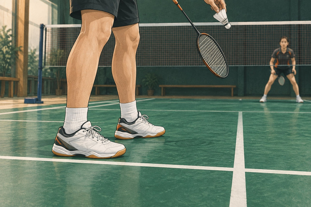 Editorial close-up illustration of a badminton server’s stationary shoes positioned clear of white court lines.