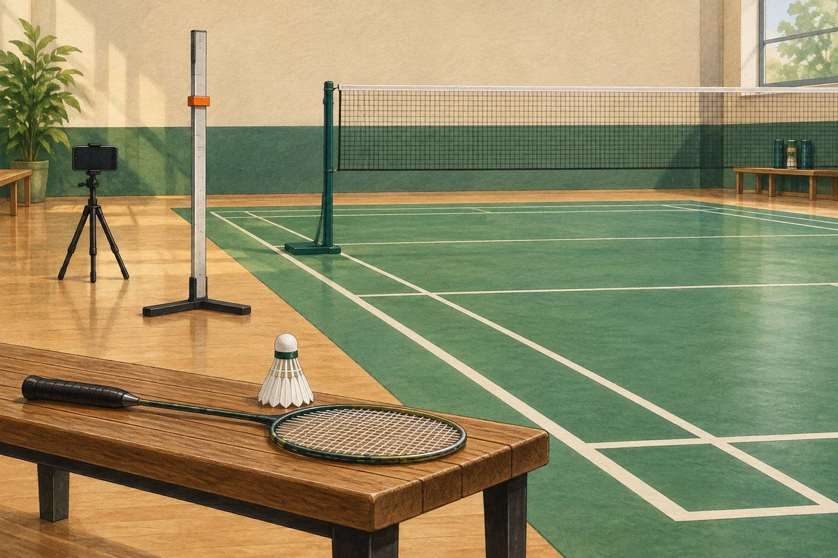 Editorial illustration of a badminton serve-practice camera, measuring reference, racket and shuttle.