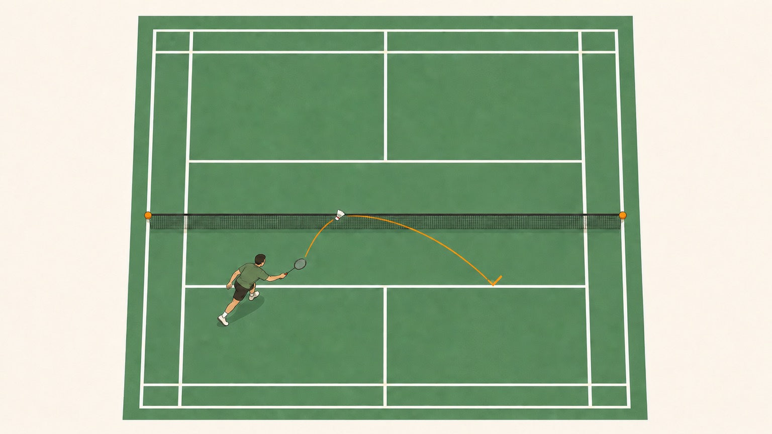 Flat vector illustration of a badminton serve clipping the net and crossing into the correct service court